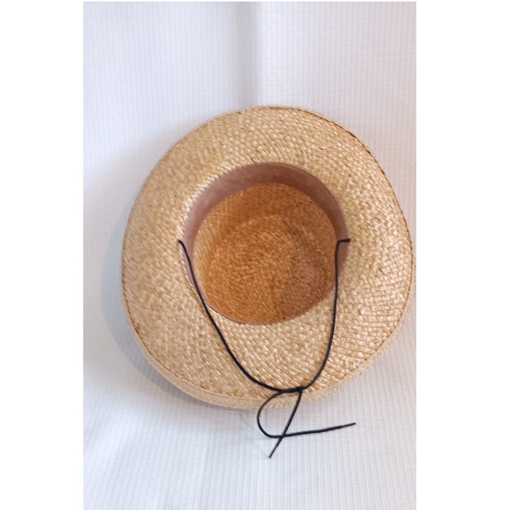 Vintage Made in USA Straw Boater Hat Large Natural Woven Mid Brim Abstract Band - Picture 5 of 9